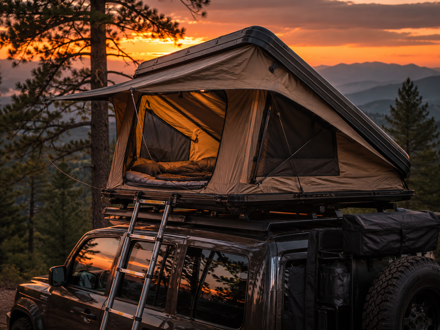 Rooftop tent open on a 4x4 at sunset — MobyGrid Rooftop tents