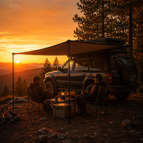 Free-standing 270° awning shading a camp beside a 4x4 at golden hour — MobyGrid