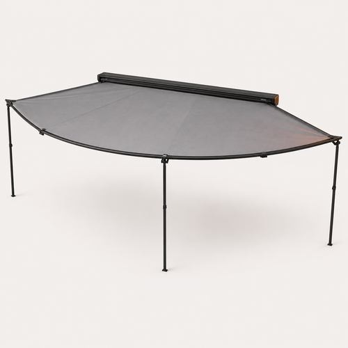 Free-standing 270° vehicle awning, black case with grey canopy — MobyGrid