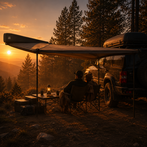 Left-hand 270° awning over a camp beside a 4x4 at golden hour — MobyGrid