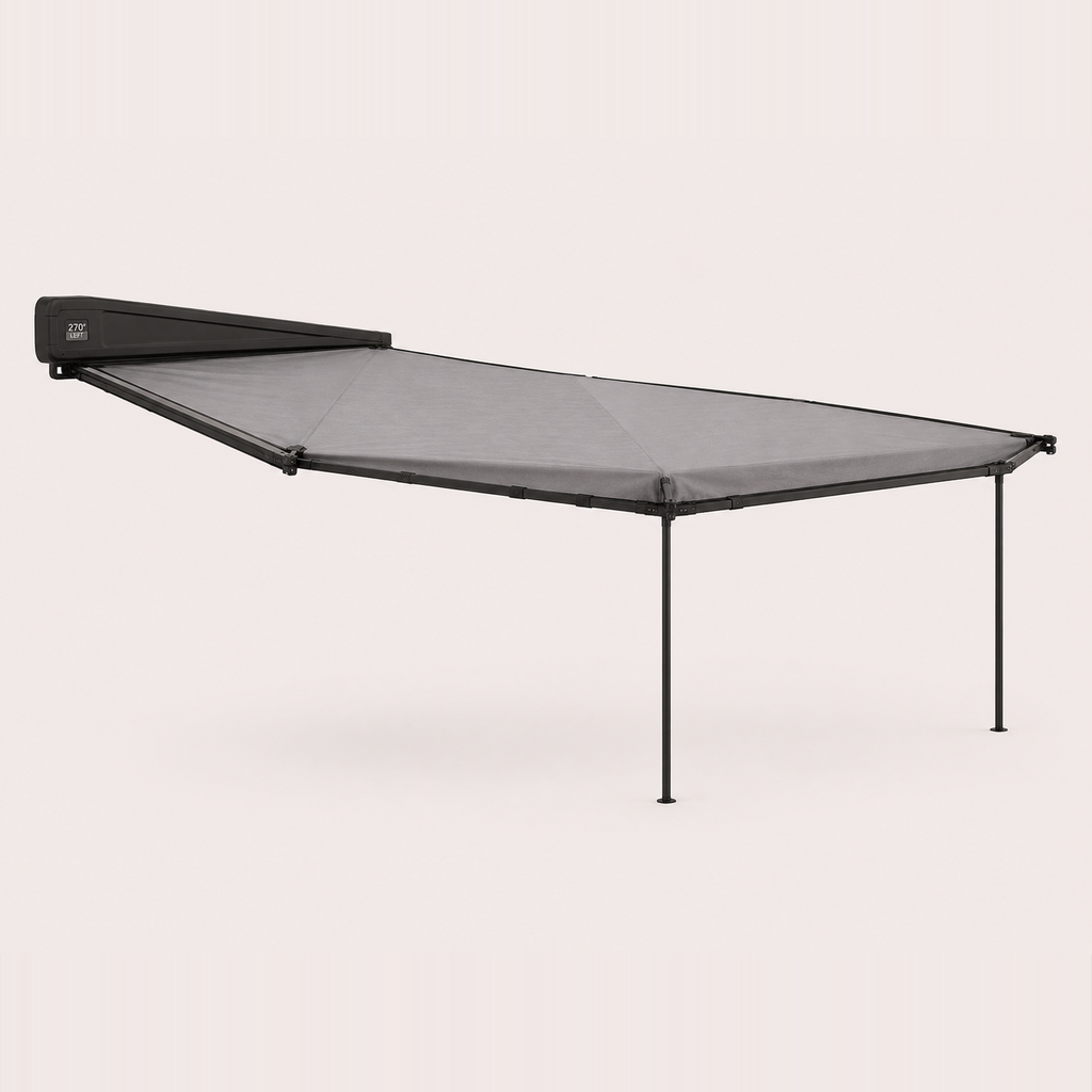 Left-hand 270° vehicle awning, black case with grey canopy — MobyGrid