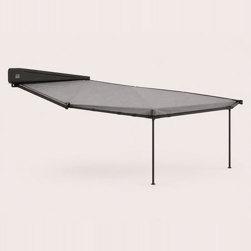 Left-hand 270° vehicle awning, black case with grey canopy — MobyGrid