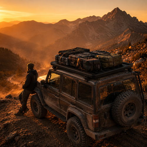 Aluminium platform roof rack loaded with gear on a 4x4 on a dusk trail — MobyGrid