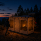 Awning walls forming a glowing camp room off a 4x4 at dusk — MobyGrid