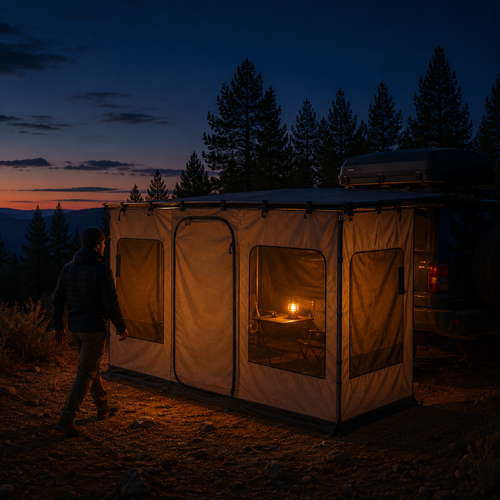 Awning walls forming a glowing camp room off a 4x4 at dusk — MobyGrid