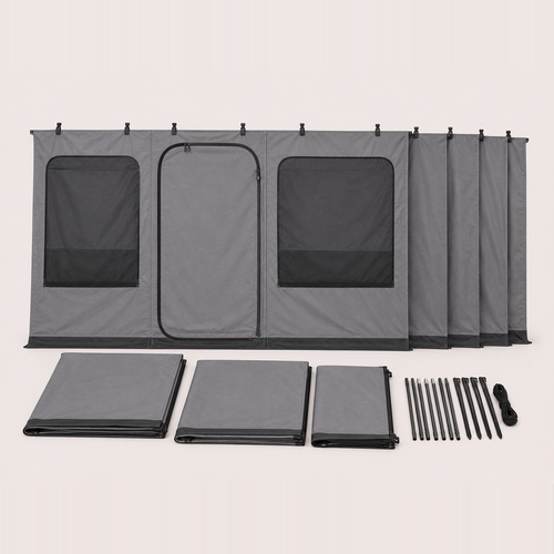 Awning wall set, grey canvas panels with zip door and mesh windows — MobyGrid