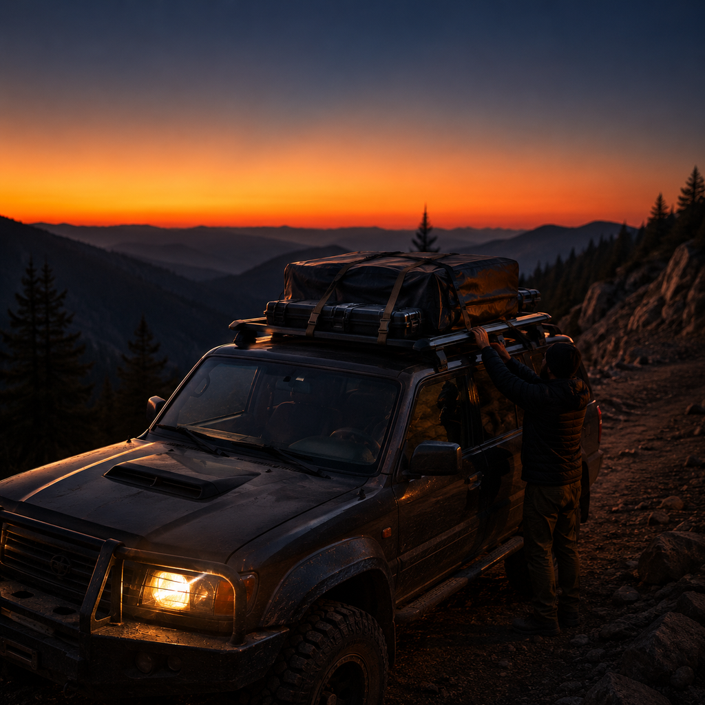 Black roof crossbars carrying a load on a 4x4 on a dusk ridge — MobyGrid
