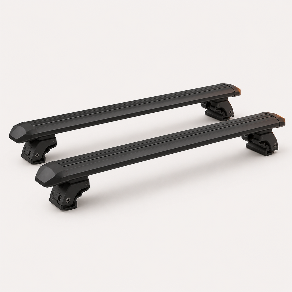 Aerodynamic roof crossbar set, black aluminium with end caps and clamp mounts — MobyGrid