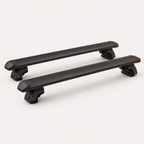 Aerodynamic roof crossbar set, black aluminium with end caps and clamp mounts — MobyGrid