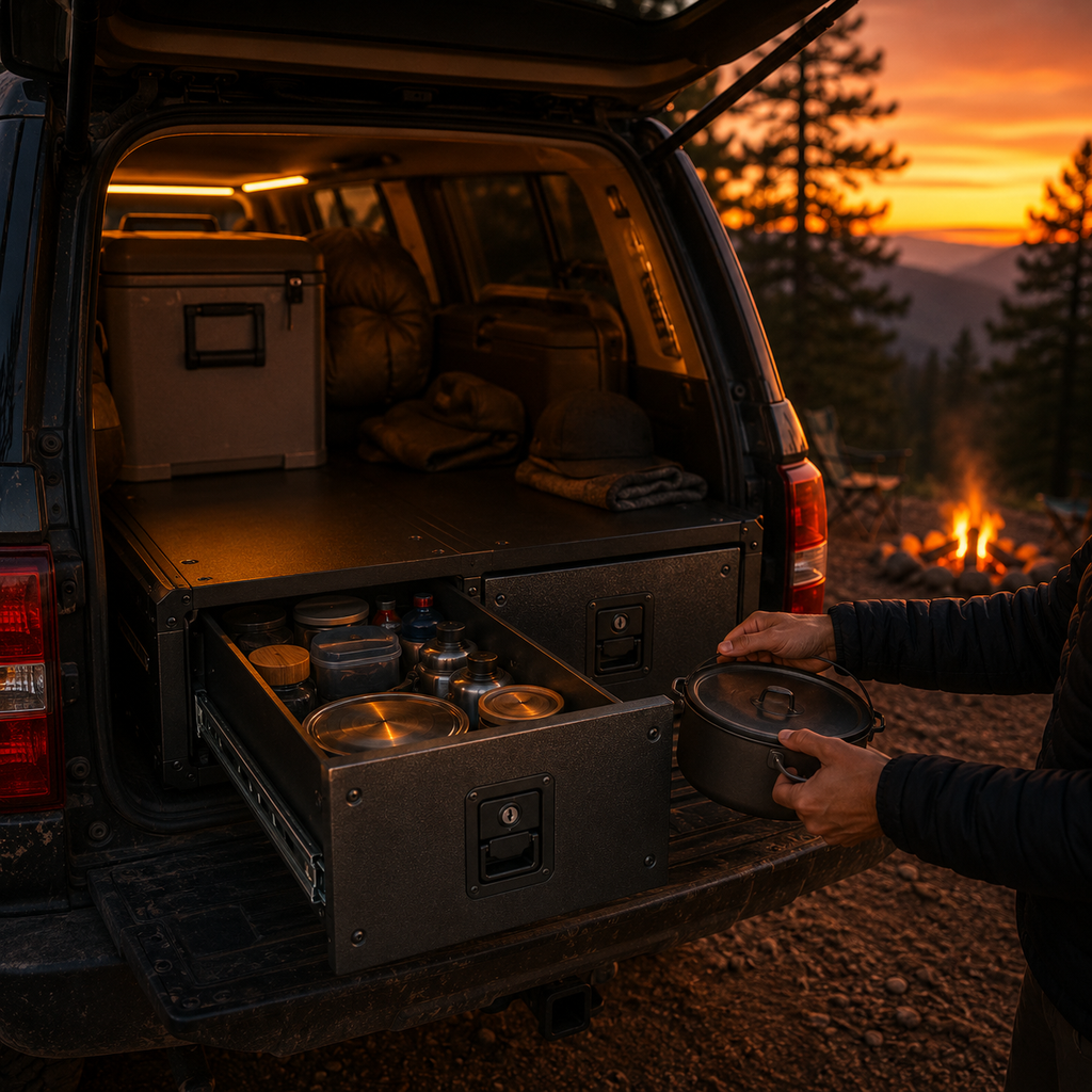 Drawer storage system open in the boot of a 4x4 at a dusk camp — MobyGrid