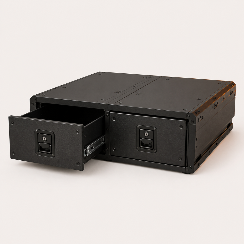 Vehicle rear drawer storage system, double aluminium drawers, black powder-coat — MobyGrid