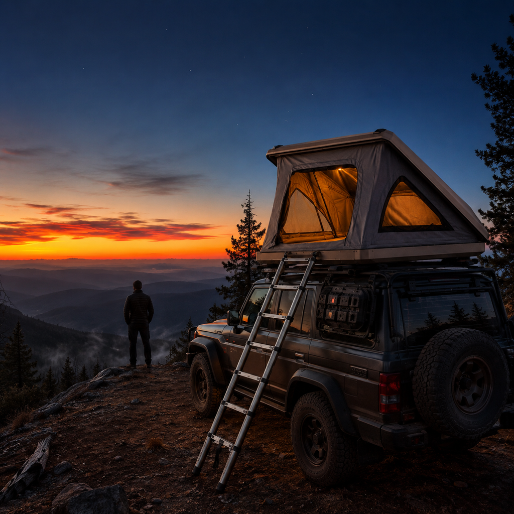 Hardshell rooftop tent open on a 4x4 on a mountain ridge at dusk — MobyGrid