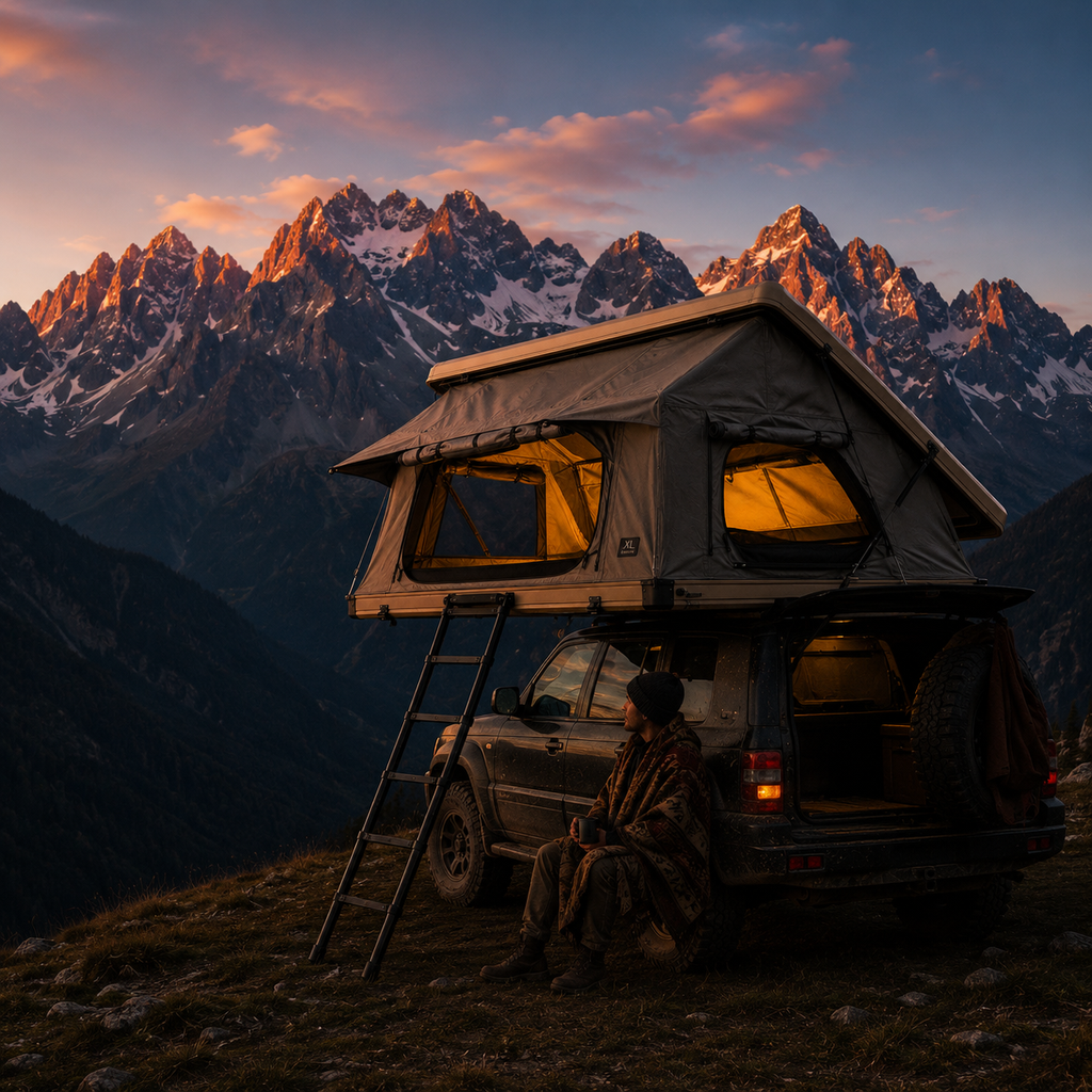 XL hardshell rooftop tent open on a 4x4 at an alpine dusk camp — MobyGrid