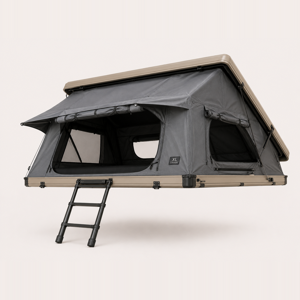 Hardshell rooftop tent, 3-person XL, sand aluminium shell with ladder — MobyGrid