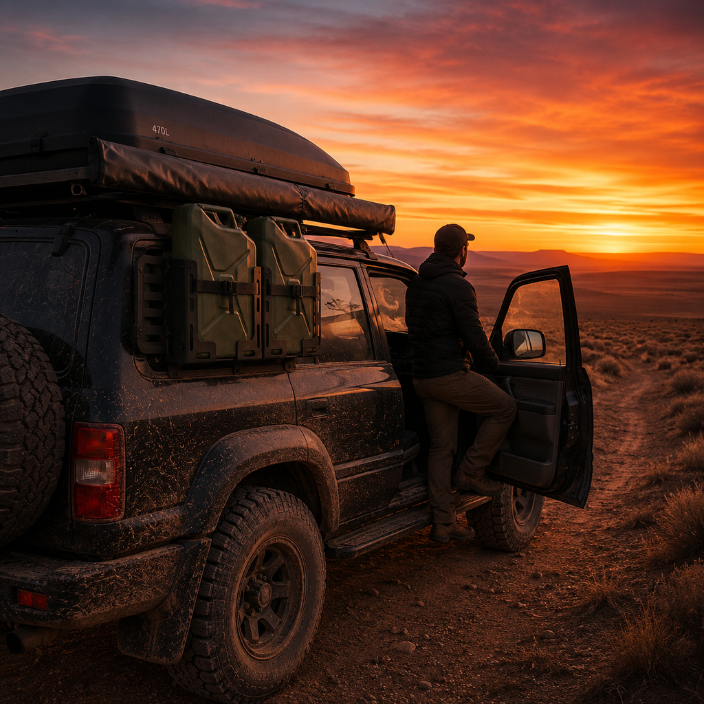 Jerry-can holders on a 4x4 rack on a dusk desert-edge track — MobyGrid
