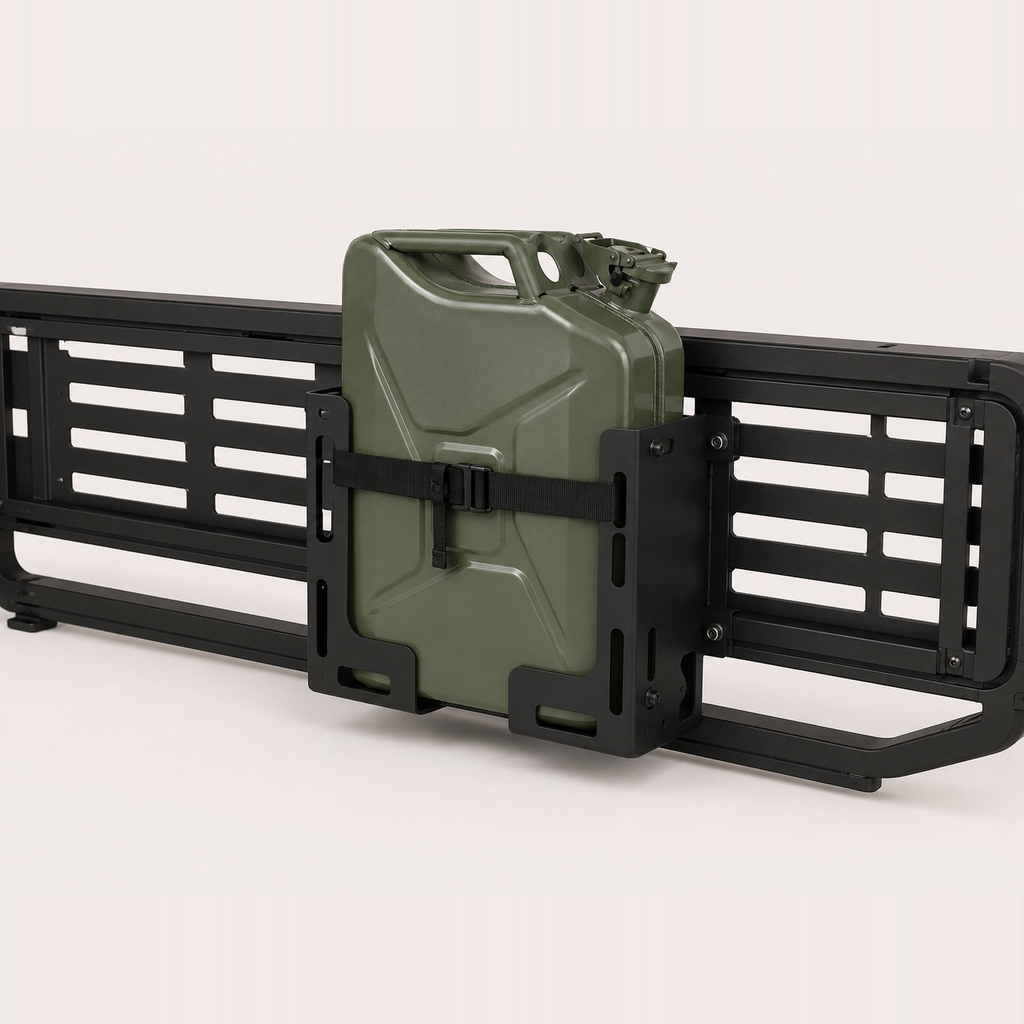 Jerry can holder set, black steel brackets with green jerry can — MobyGrid