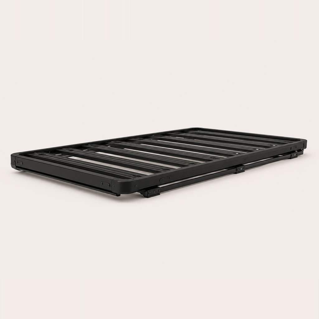 Slimline platform roof rack, low-profile black aluminium slatted grid — MobyGrid