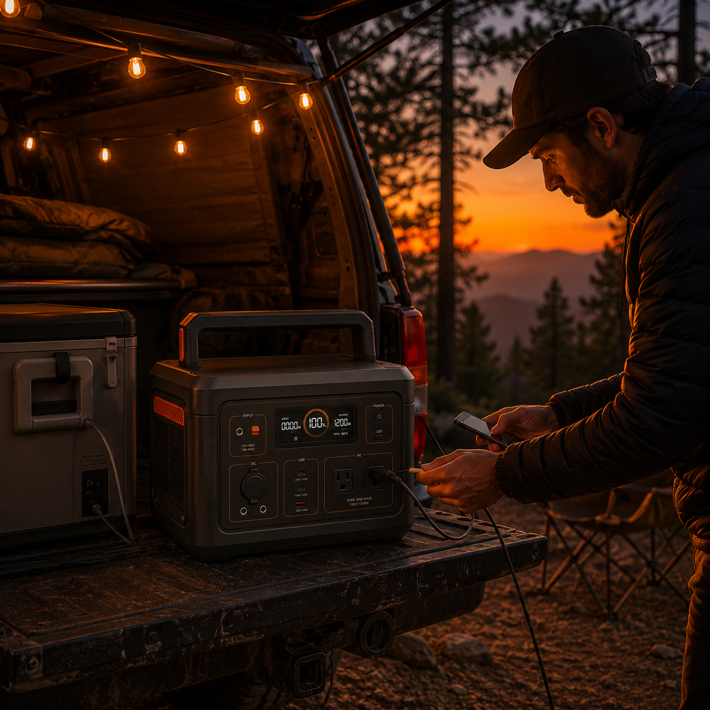 Portable power station powering a camp on a 4x4 tailgate at dusk — MobyGrid