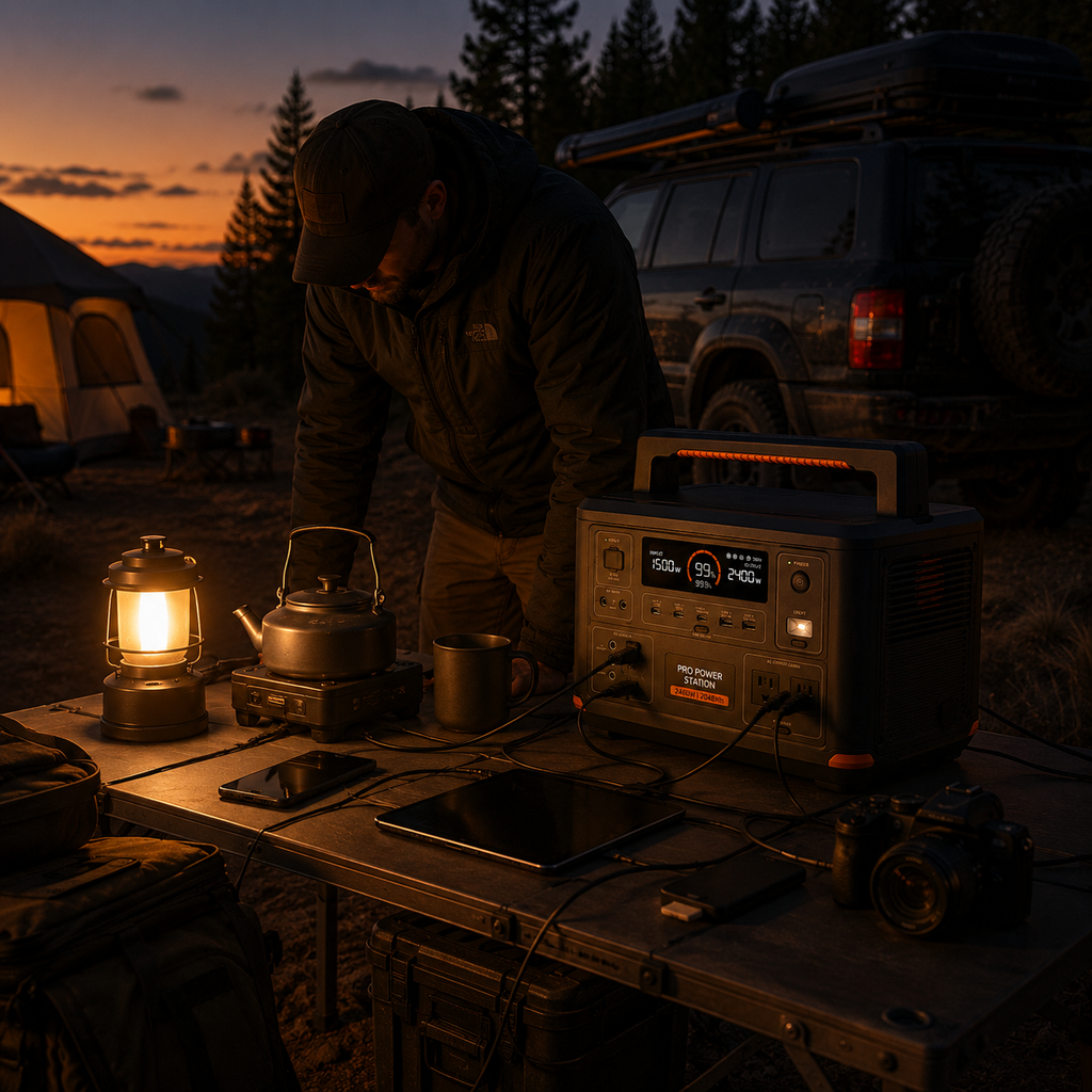 Pro power station running a base camp beside a 4x4 at dusk — MobyGrid