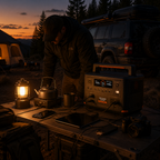 Pro power station running a base camp beside a 4x4 at dusk — MobyGrid