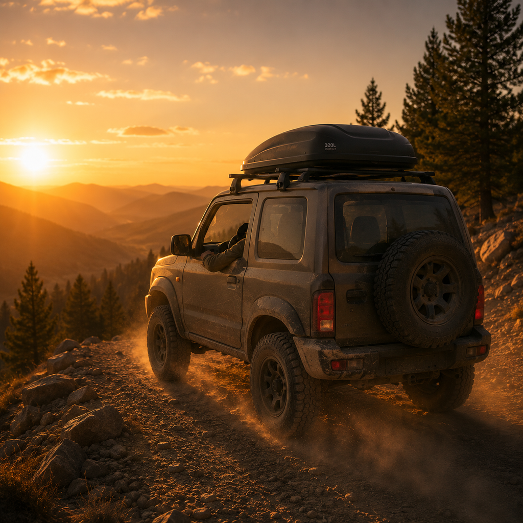 Compact roof box on a 4x4 on a mountain pass at golden hour — MobyGrid