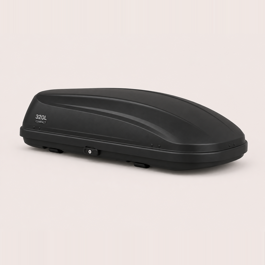 Aerodynamic roof cargo box, 320L compact, matte black — MobyGrid