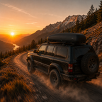 Roof box on a 4x4 on a mountain road at golden hour — MobyGrid