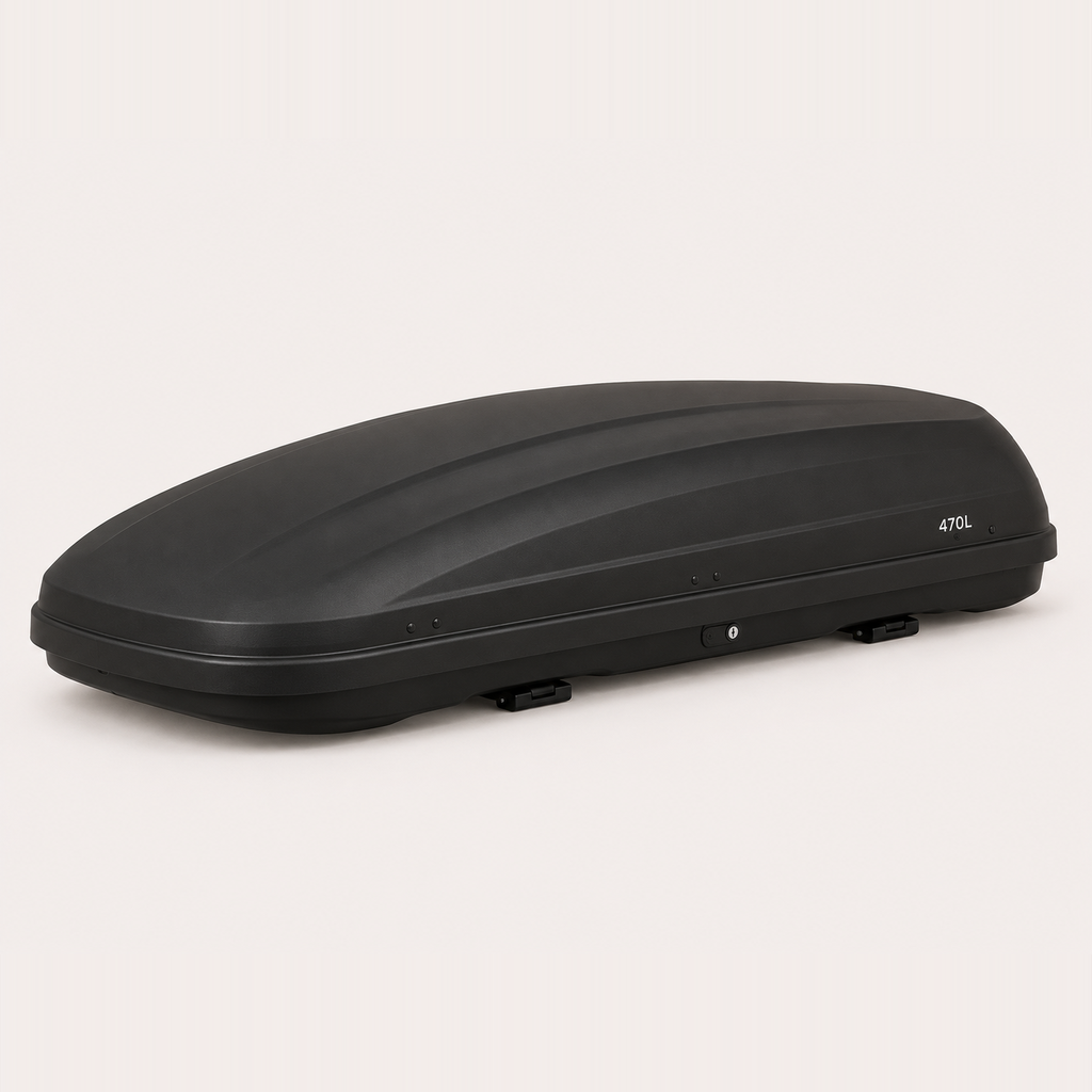 Aerodynamic roof cargo box, 470L, matte black — MobyGrid