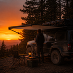 Side awning extended off a 4x4 at a dusk forest camp — MobyGrid