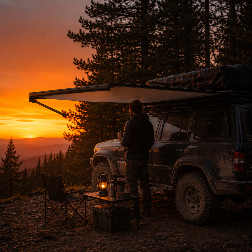 Side awning extended off a 4x4 at a dusk forest camp — MobyGrid