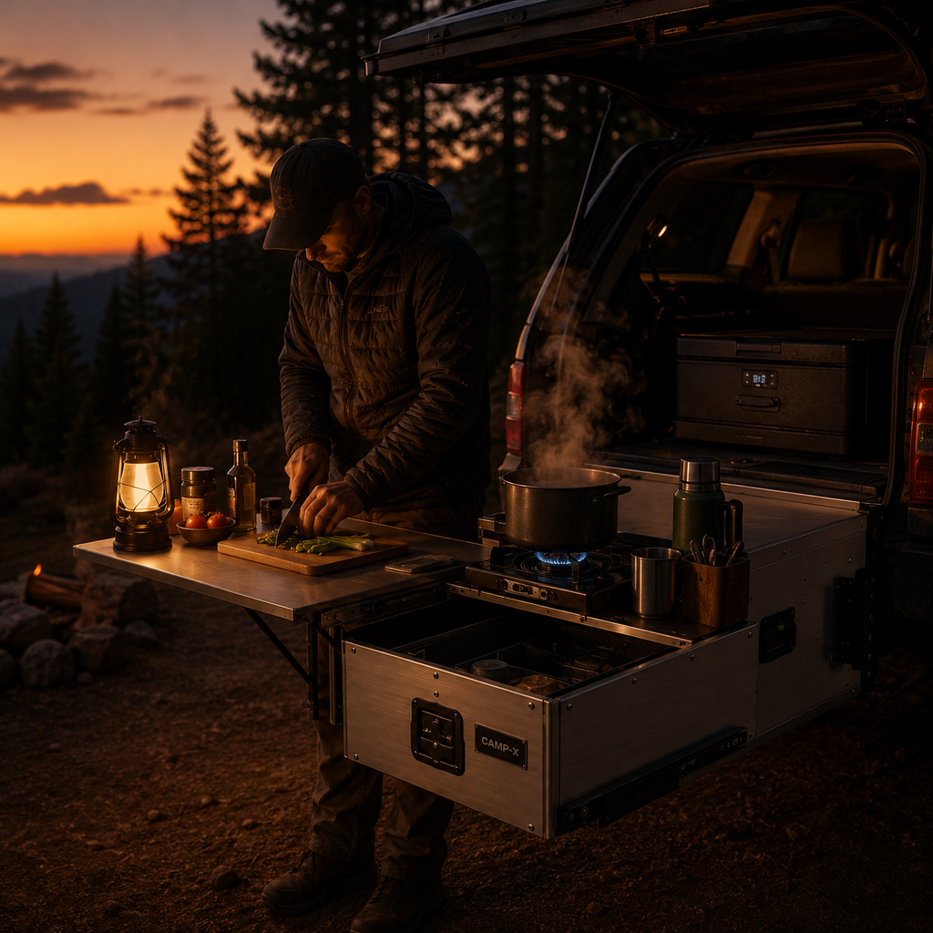 Slide-out camp kitchen from a 4x4 at dusk — MobyGrid