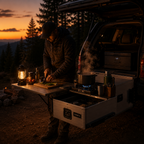 Slide-out camp kitchen from a 4x4 at dusk — MobyGrid