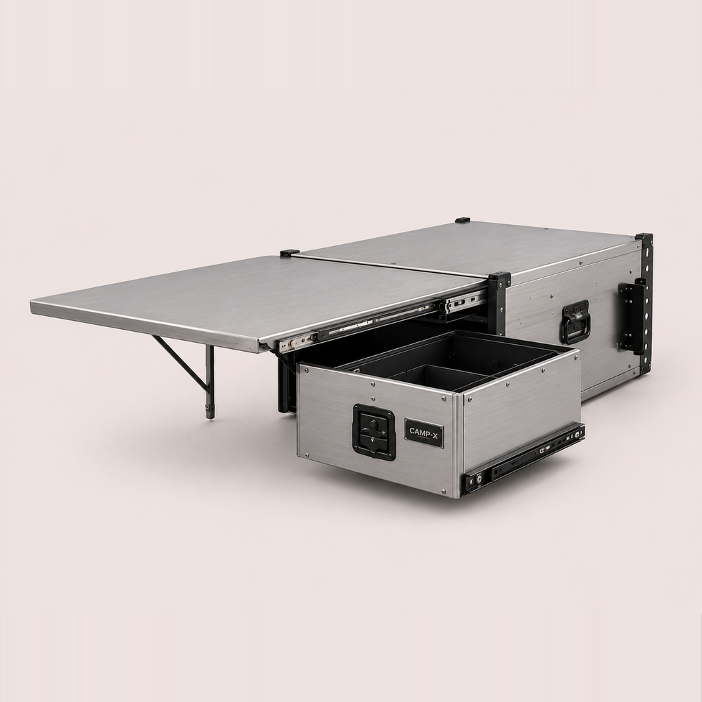 Slide-out camp table and drawer combo, brushed aluminium — MobyGrid