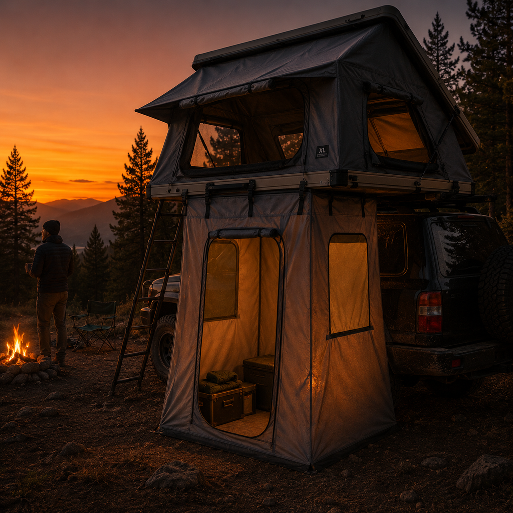 Rooftop tent annex room glowing beneath a tent on a 4x4 at dusk — MobyGrid
