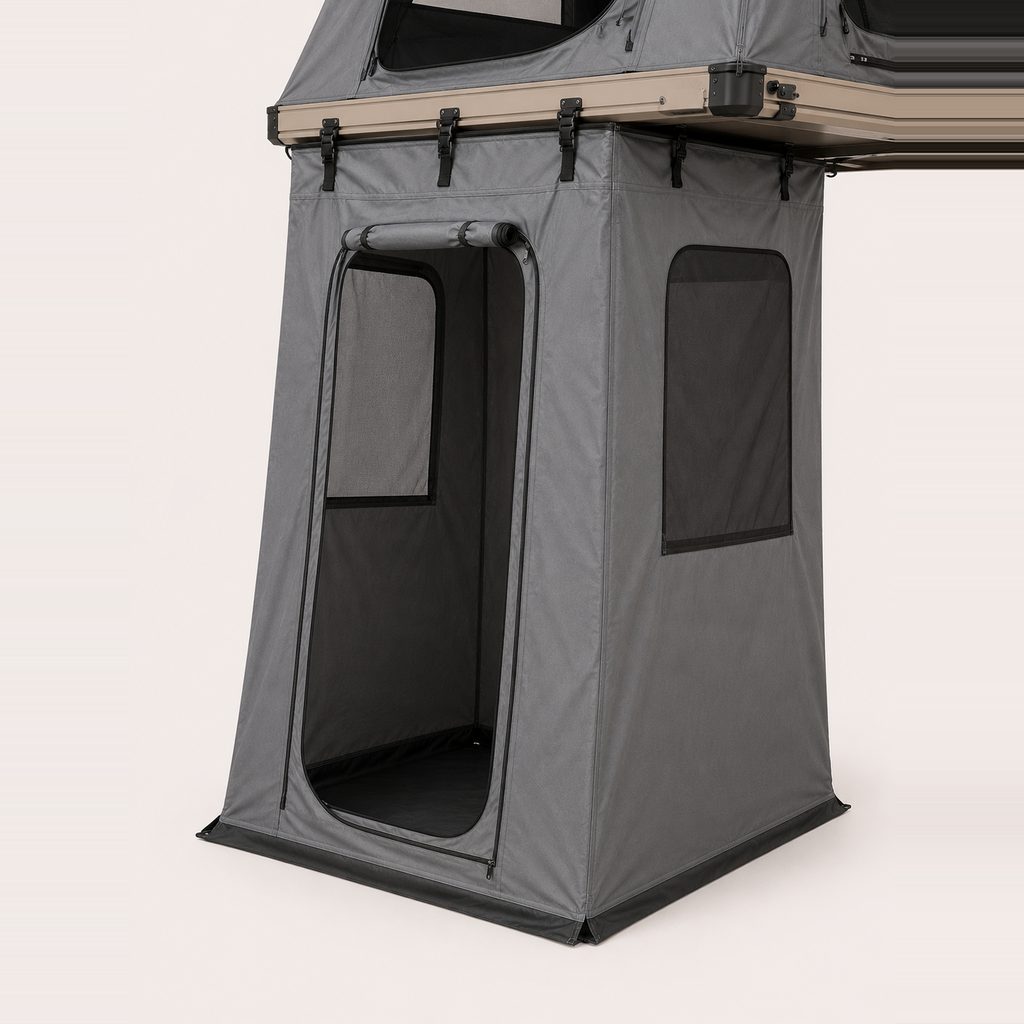 Rooftop tent annex extension, grey canvas walls with zip door and windows — MobyGrid