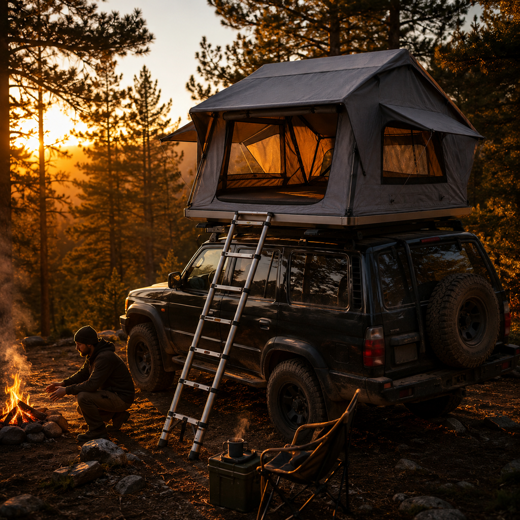 Softshell rooftop tent open on a 4x4 at a forest camp at golden hour — MobyGrid