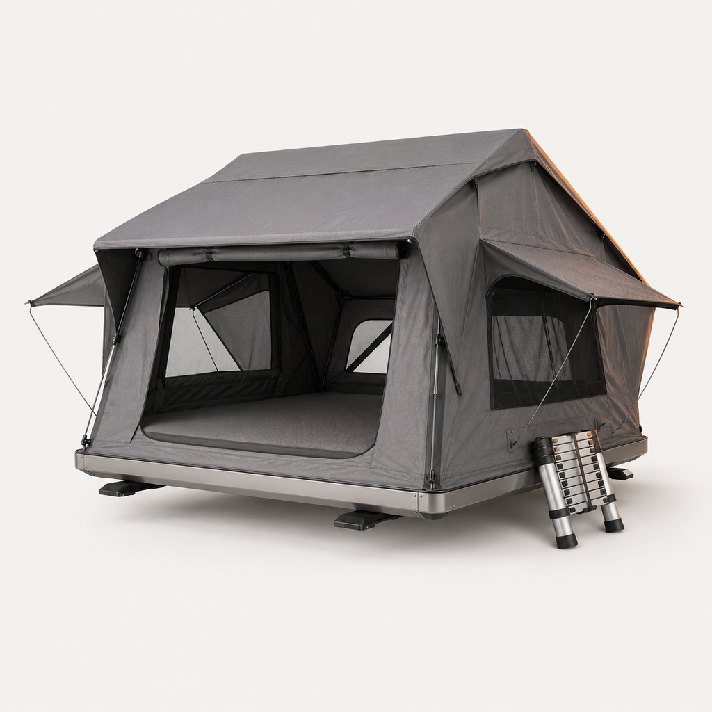 Softshell rooftop tent, 3-person, grey canvas with aluminium base and ladder — MobyGrid