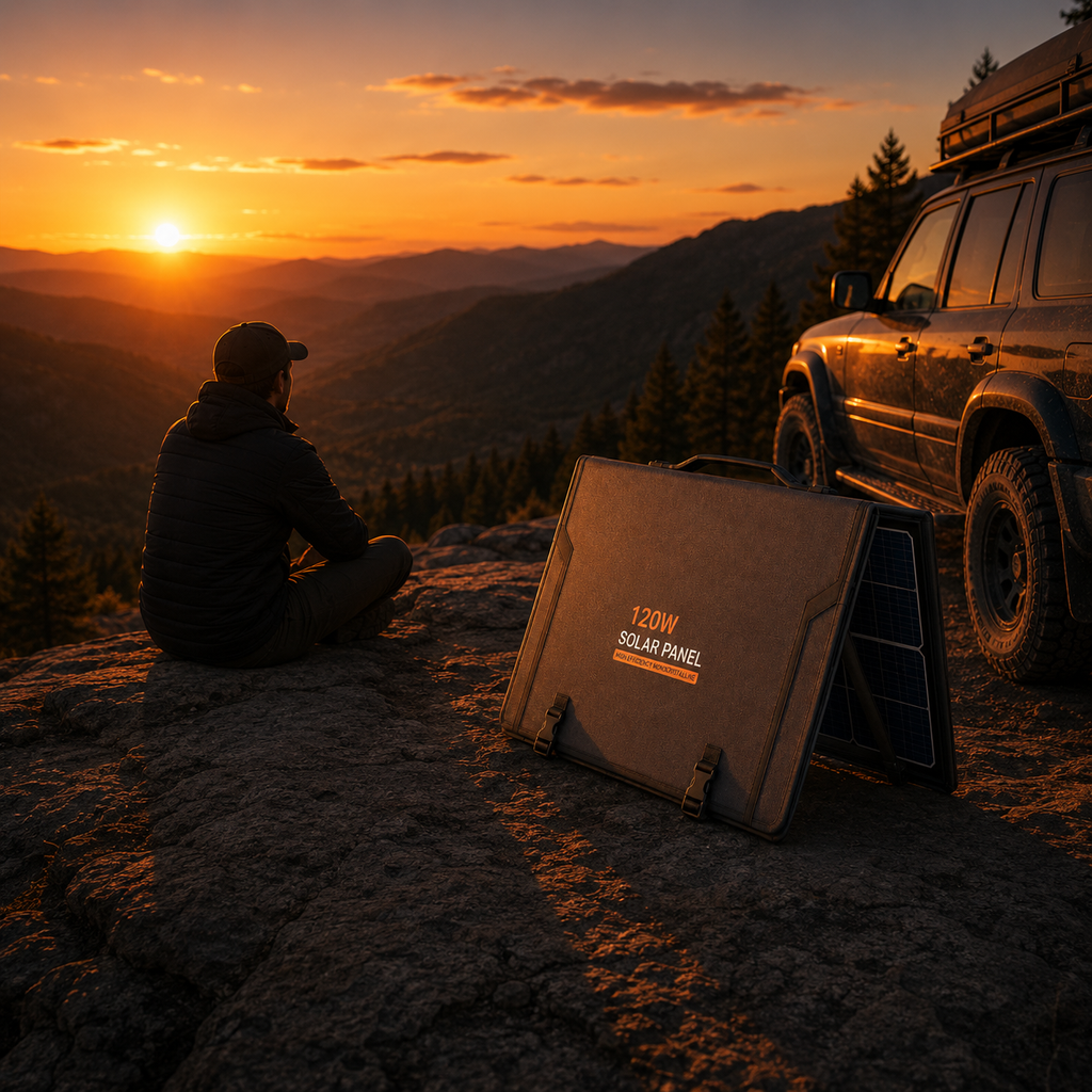 Foldable solar panel charging on a rock beside a 4x4 at dusk — MobyGrid