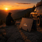 Foldable solar panel charging on a rock beside a 4x4 at dusk — MobyGrid