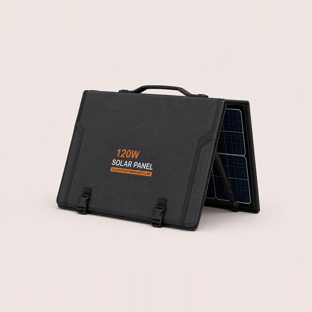 Foldable solar panel, 120W, dark blue monocrystalline cells — MobyGrid