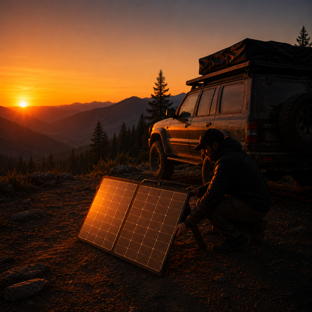 Foldable solar panel charging beside a 4x4 at dusk — MobyGrid