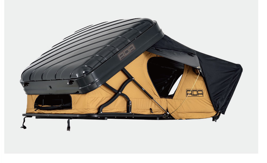 Hardshell side-open rooftop tent, open — black ABS shell with tan tent