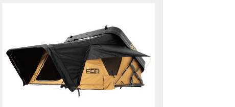 Hardshell side-open rooftop tent open, front view